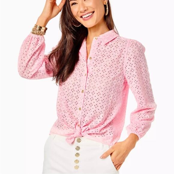 NWT Lilly Pulitzer Sea Breeze Eyelet Button Down Top Pink Blossom Womens Size M - Picture 1 of 15